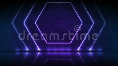 蓝色紫罗兰色背景下霓虹灯六边框视频动画